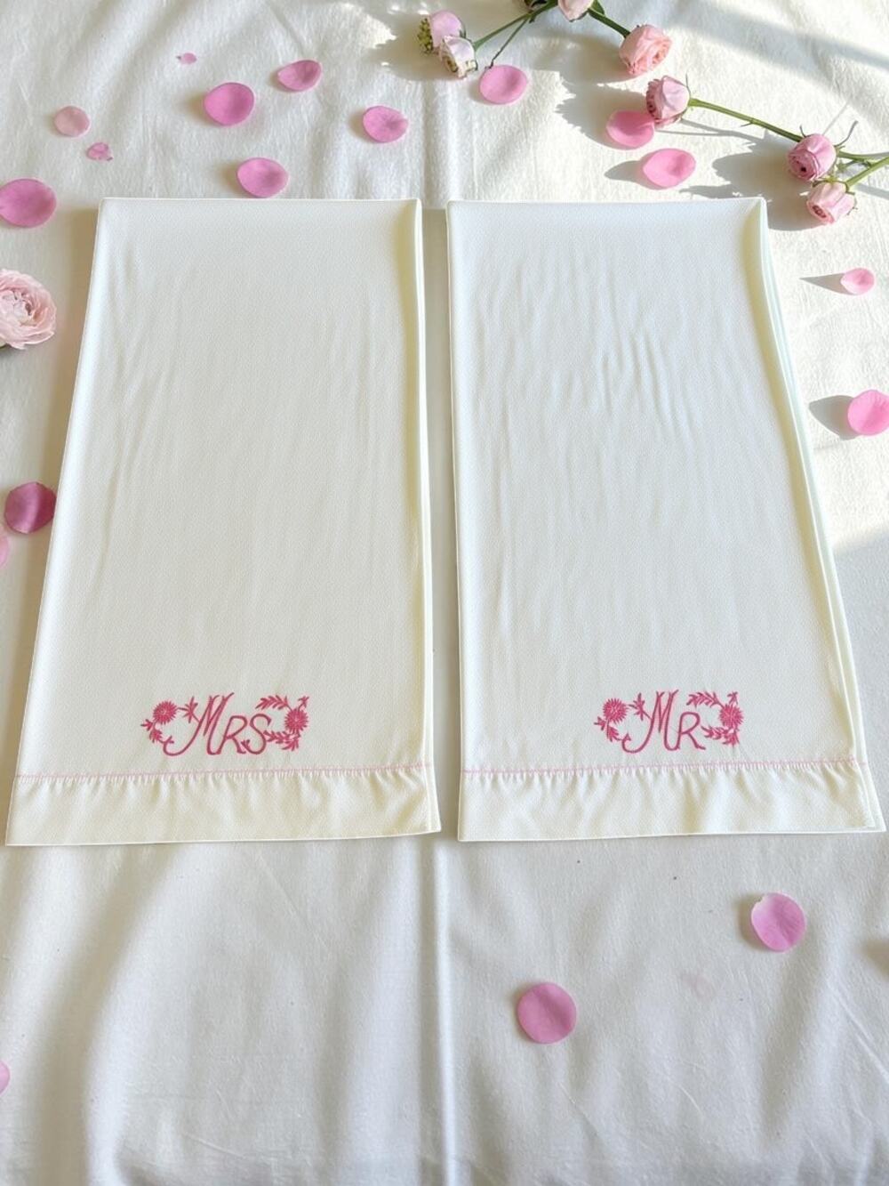 Vintage 1950s Mr Mrs Embroidered Pillowcases-Pink Floral-Wedding-Standard Pair